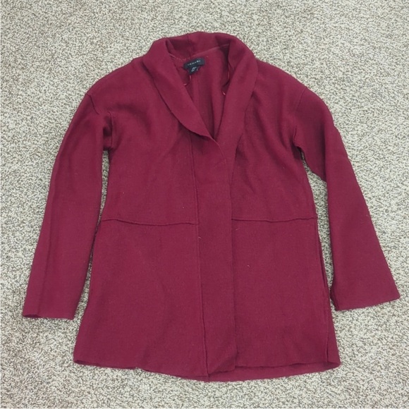 Tahari burgundy cranberry red wool blend open sweater long jacket - Picture 11 of 11